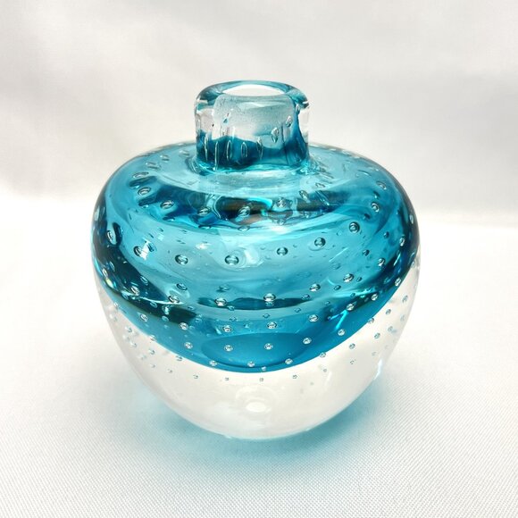Art Glass Teal Blue Perfume Bottle Hand-Blown Bullicante Bubbles - No Stopper - Picture 1 of 9